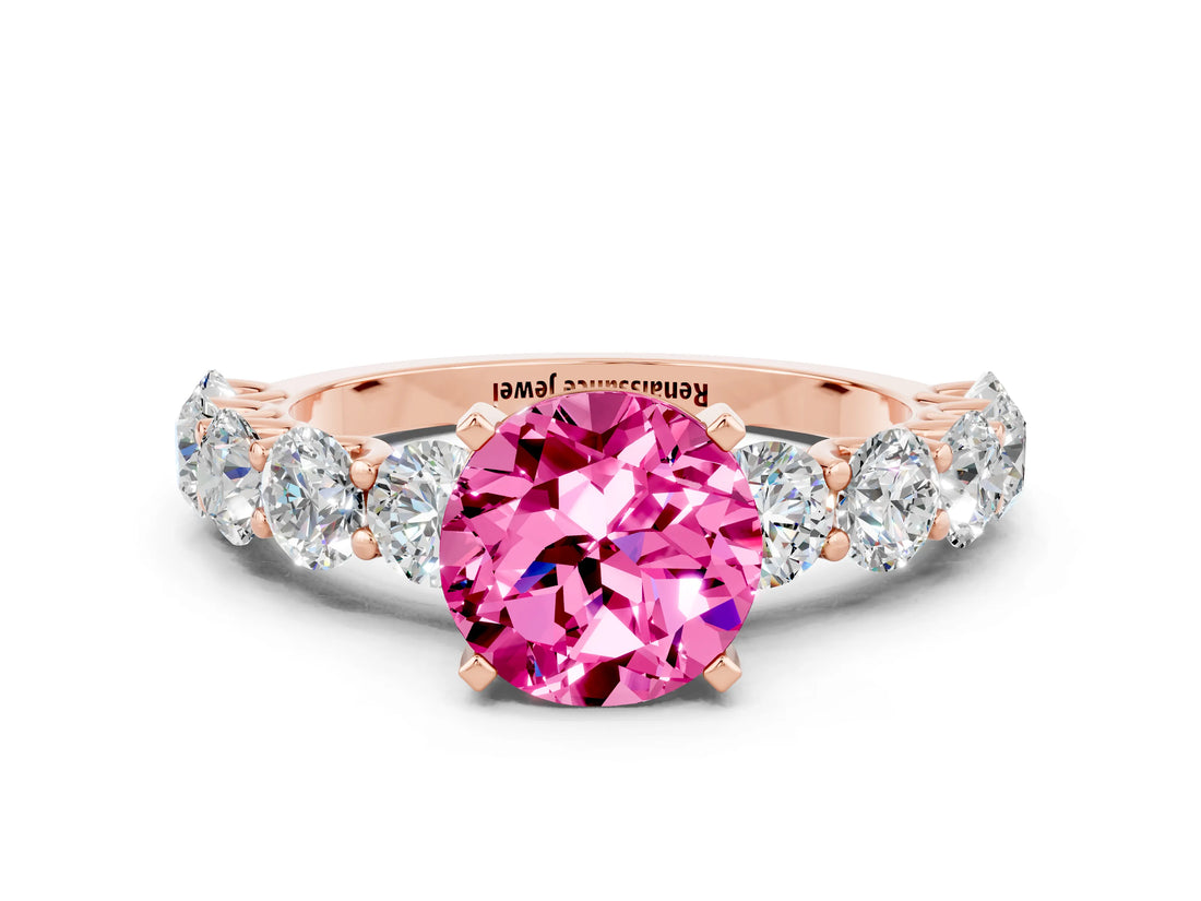 Rose gold Round Cut Pink Sapphire Prong Setting with Side Stones on a Pave Band_24