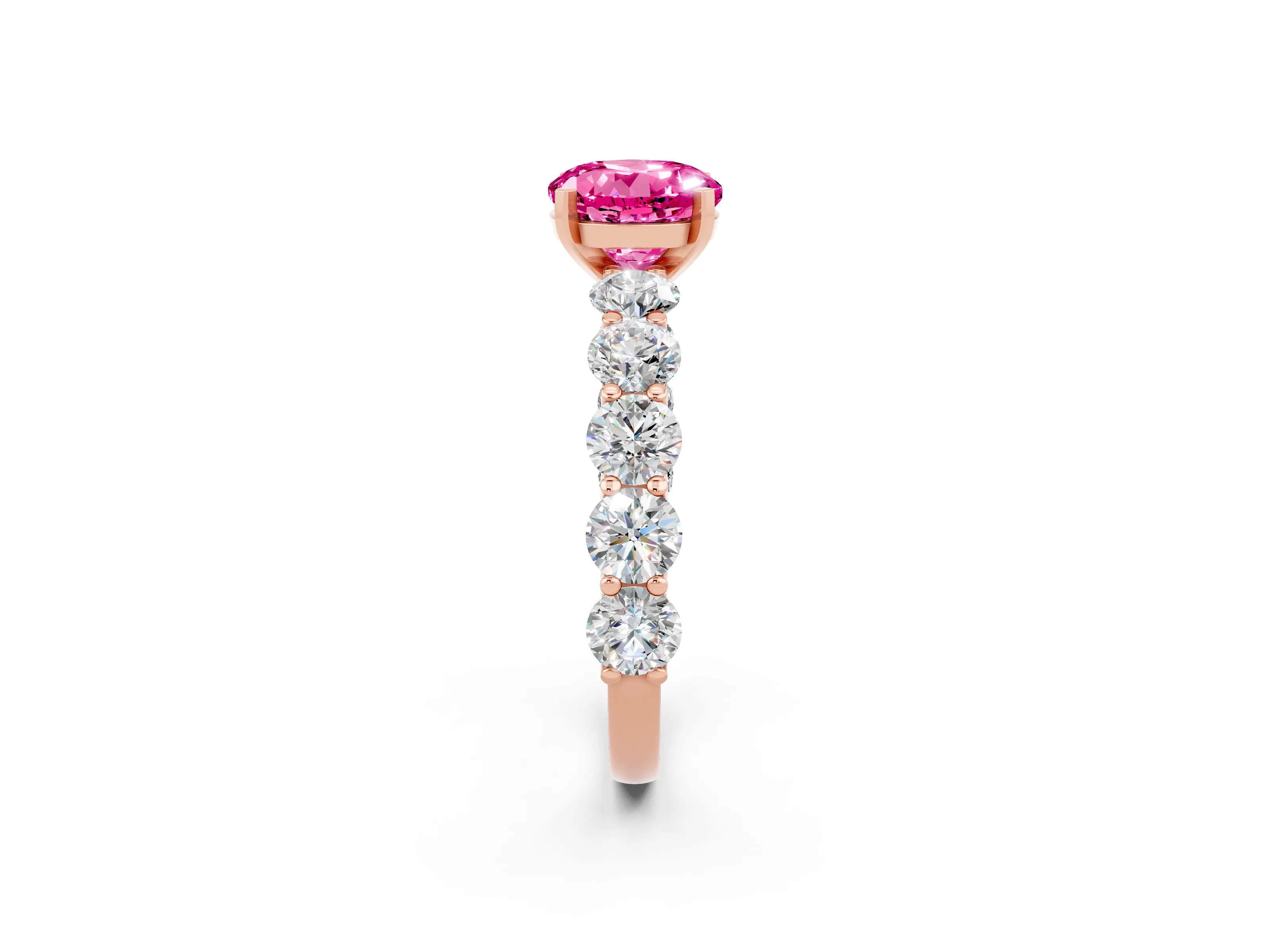 Rose gold Round Cut Pink Sapphire Prong Setting with Side Stones on a Pave Band_26
