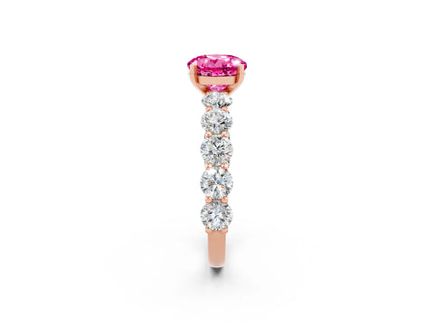 Rose gold Round Cut Pink Sapphire Prong Setting with Side Stones on a Pave Band_26