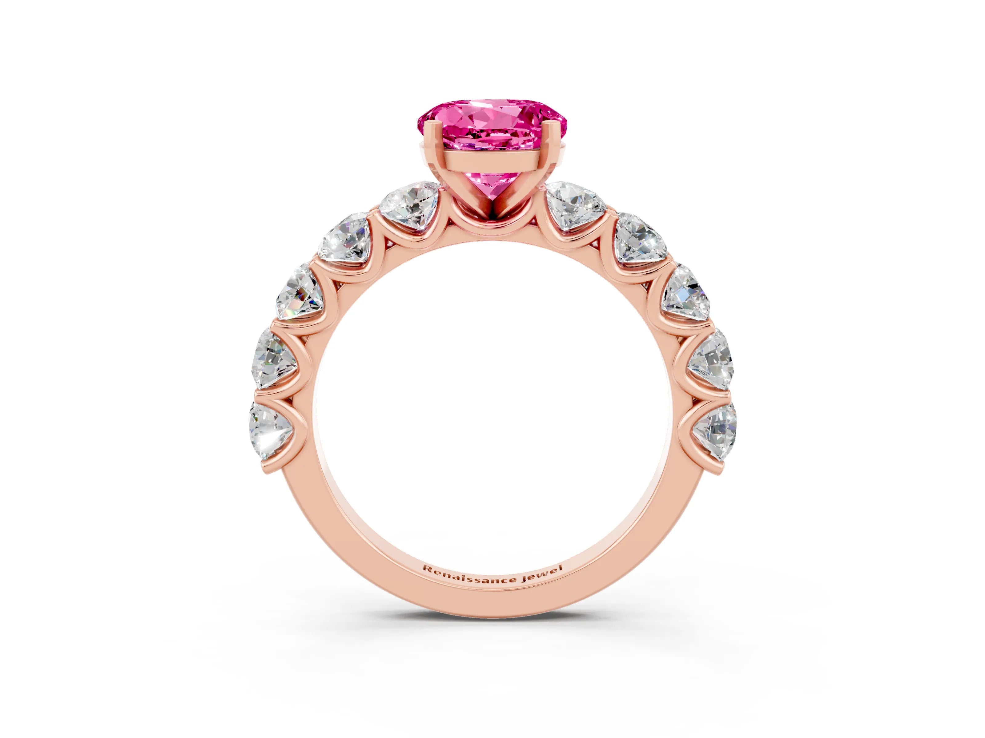 Rose gold Round Cut Pink Sapphire Prong Setting with Side Stones on a Pave Band_27