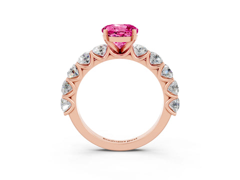 Rose gold Round Cut Pink Sapphire Prong Setting with Side Stones on a Pave Band_27