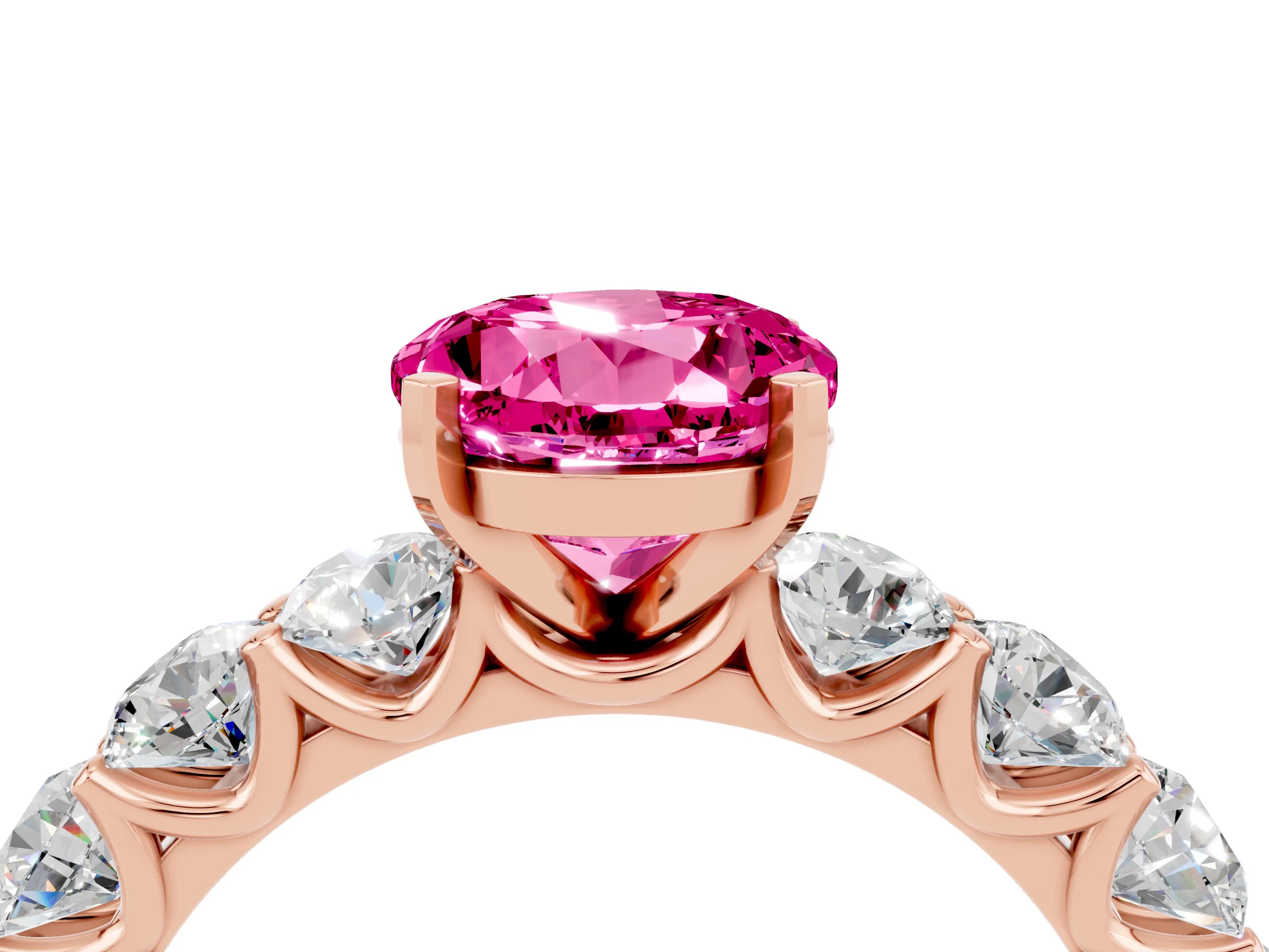 Rose gold Round Cut Pink Sapphire Prong Setting with Side Stones on a Pave Band_28