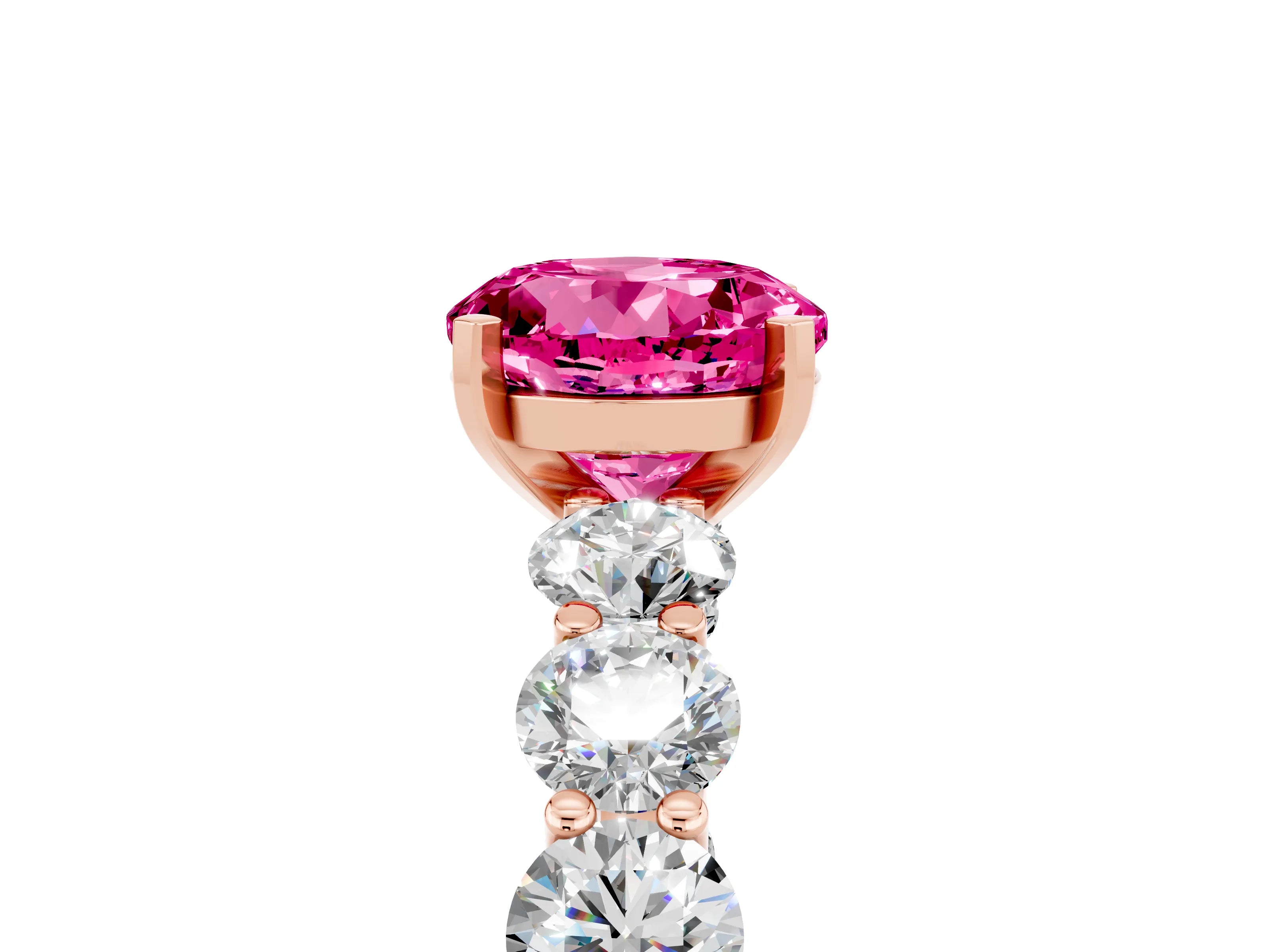 Rose gold Round Cut Pink Sapphire Prong Setting with Side Stones on a Pave Band_29