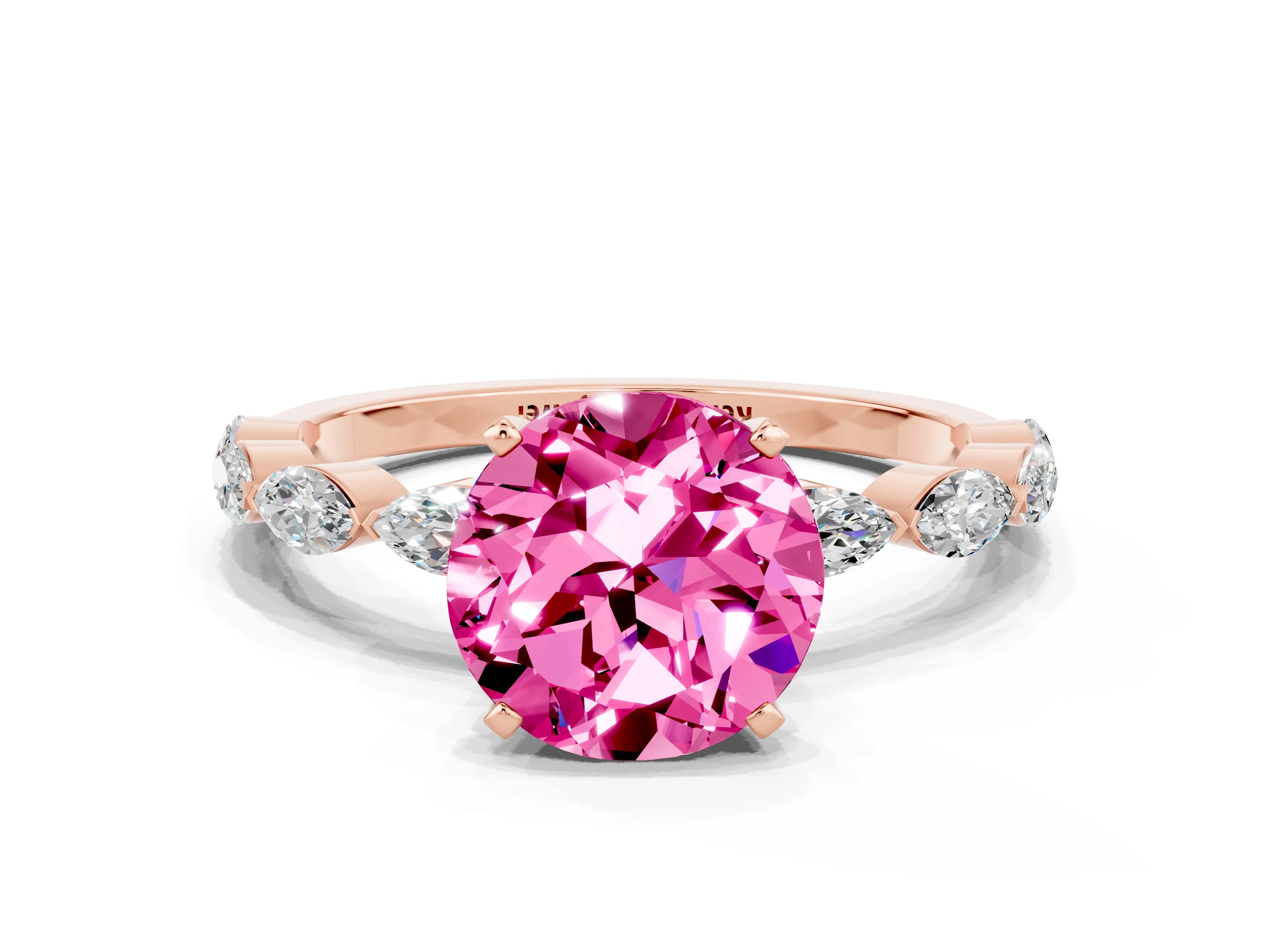 Rose gold Round Cut Pink Sapphire Ring with Marquise Side Stones and Prong Setting_12