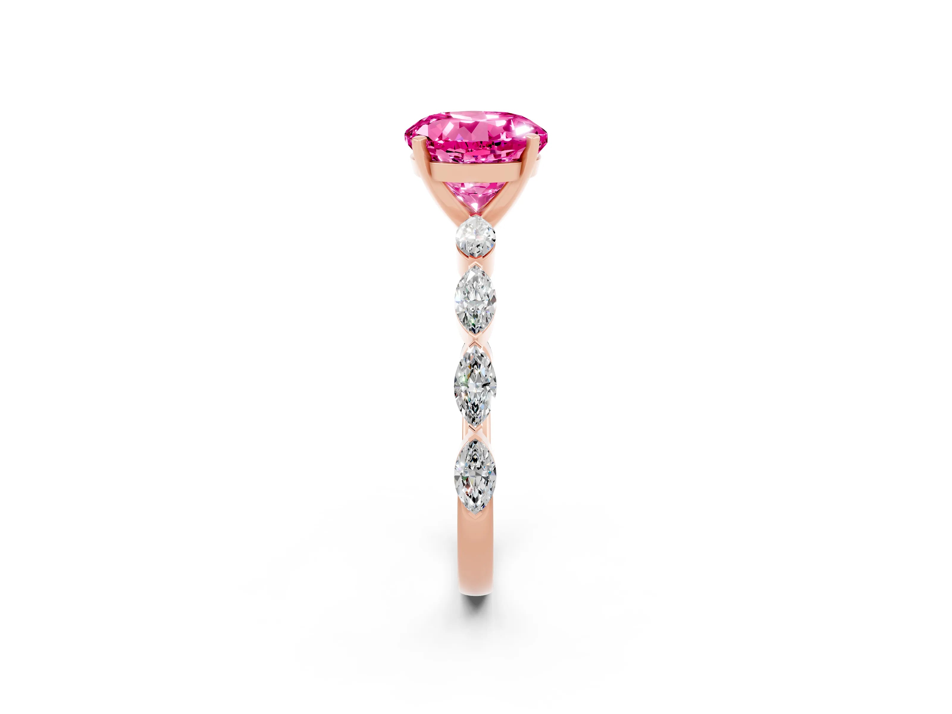 Rose gold Round Cut Pink Sapphire Ring with Marquise Side Stones and Prong Setting_14