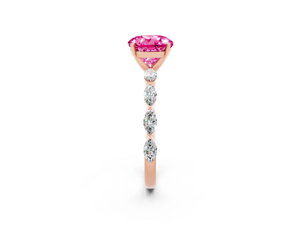 Rose gold Round Cut Pink Sapphire Ring with Marquise Side Stones and Prong Setting