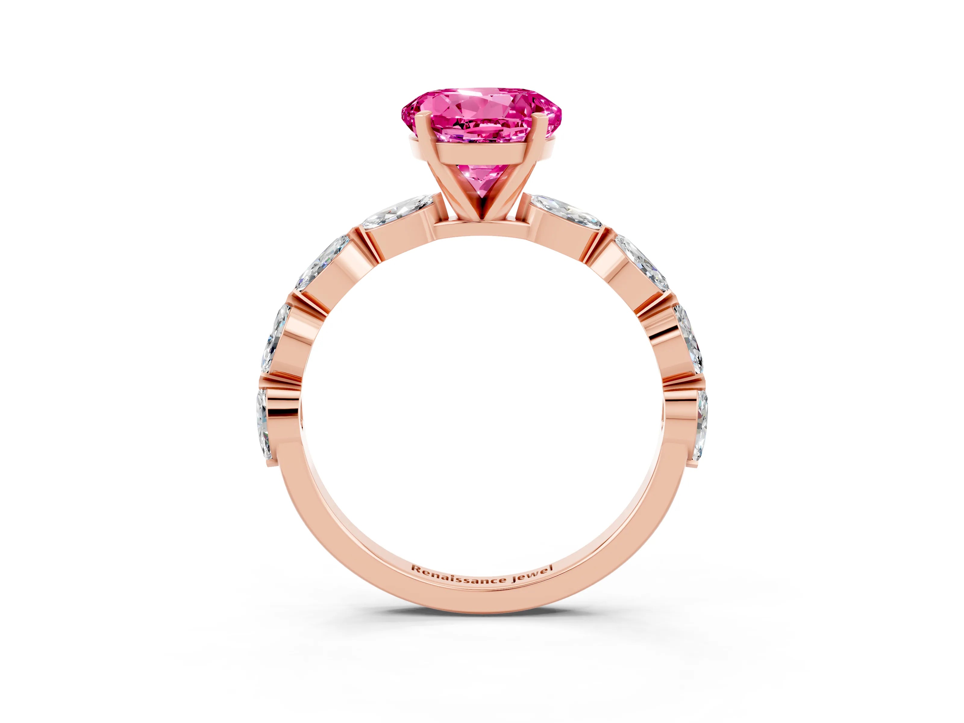 Rose gold Round Cut Pink Sapphire Ring with Marquise Side Stones and Prong Setting_15