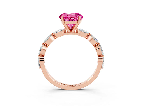 Rose gold Round Cut Pink Sapphire Ring with Marquise Side Stones and Prong Setting