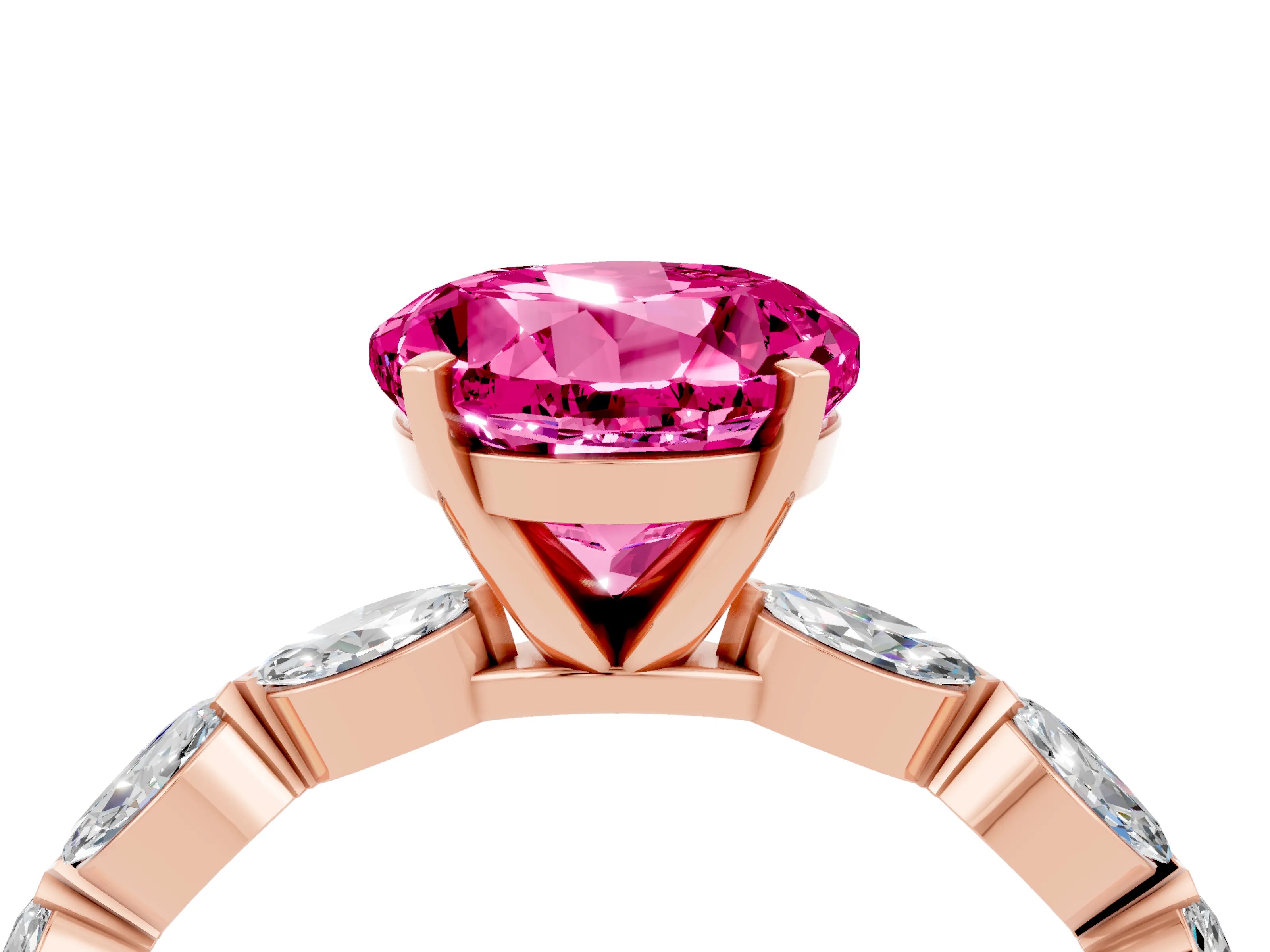 Rose gold Round Cut Pink Sapphire Ring with Marquise Side Stones and Prong Setting_16