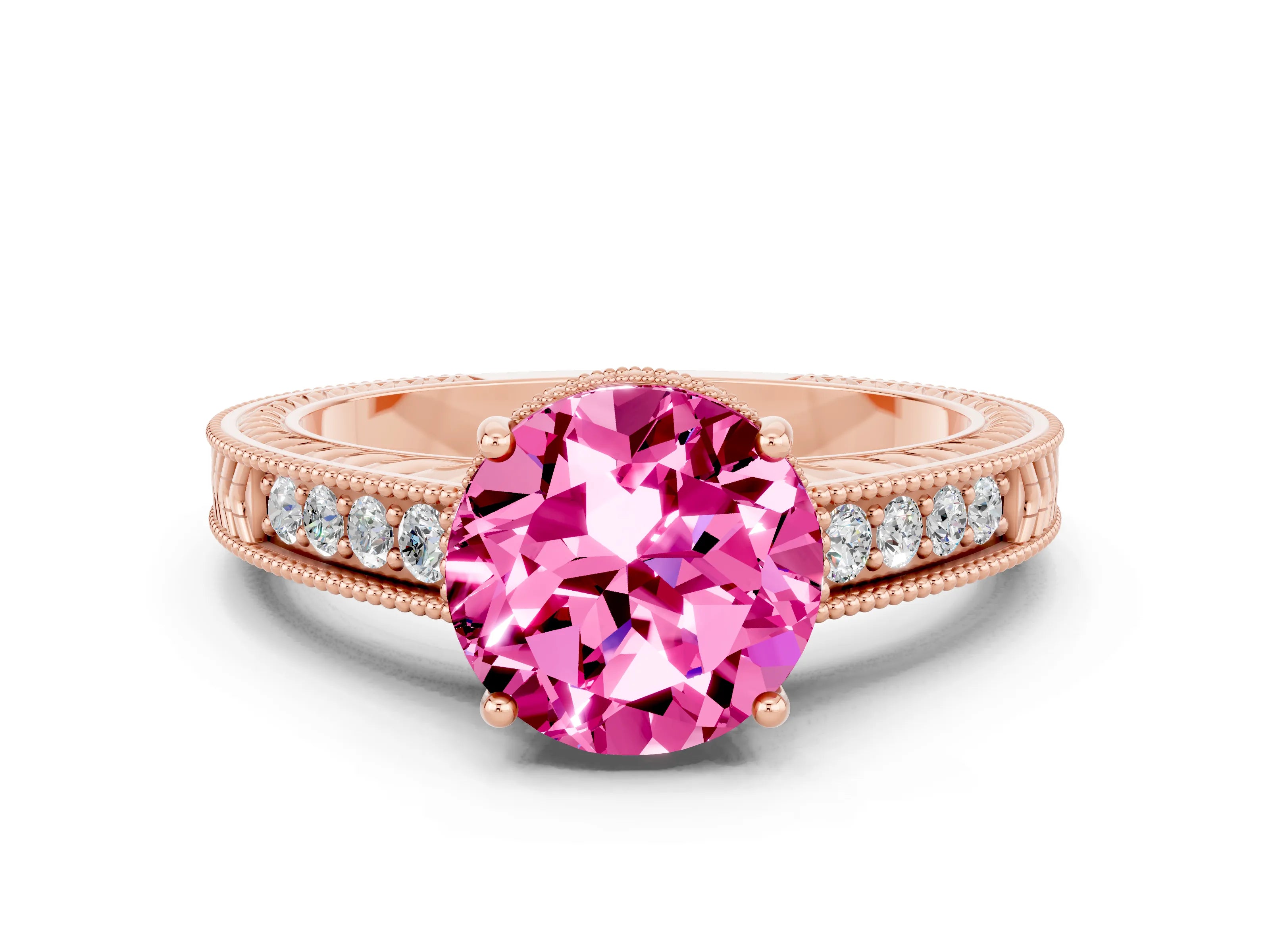 Rose gold Round Cut Pink Sapphire Ring with Milgrain Pavé Band and Four-Prong Setting_36