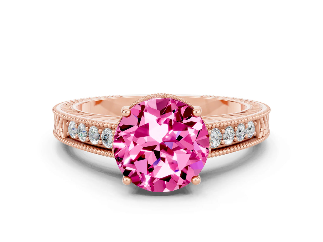 Rose gold Round Cut Pink Sapphire Ring with Milgrain Pavé Band and Four-Prong Setting_36