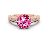 Rose gold Round Cut Pink Sapphire Ring with Milgrain Pavé Band and Four-Prong Setting_36