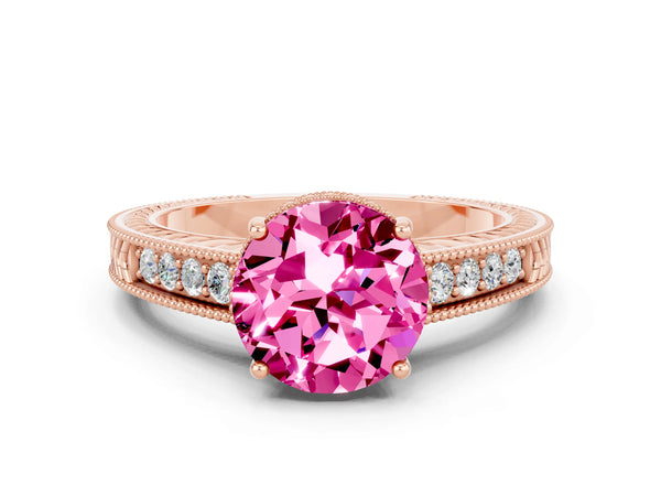Rose gold Round Cut Pink Sapphire Ring with Milgrain Pavé Band and Four-Prong Setting