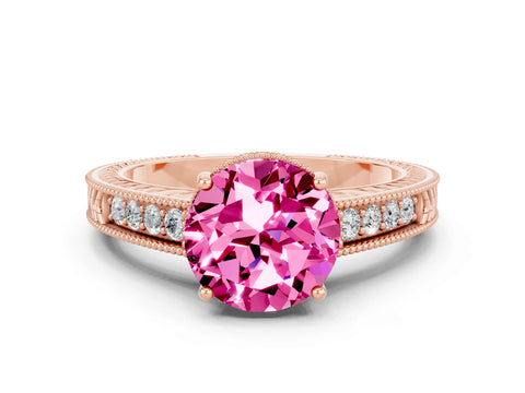 Rose gold Round Cut Pink Sapphire Ring with Milgrain Pavé Band and Four-Prong Setting_36