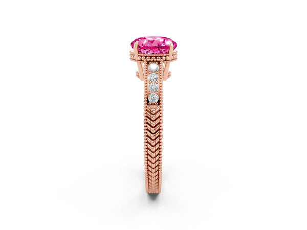 Rose gold Round Cut Pink Sapphire Ring with Milgrain Pavé Band and Four-Prong Setting