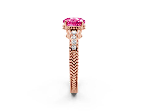 Rose gold Round Cut Pink Sapphire Ring with Milgrain Pavé Band and Four-Prong Setting_38