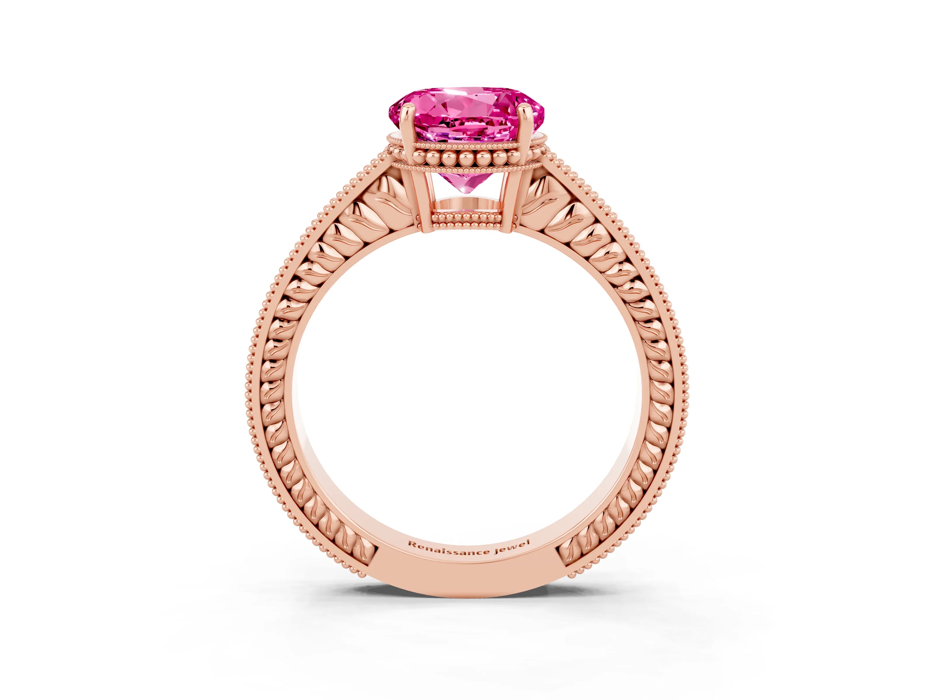 Rose gold Round Cut Pink Sapphire Ring with Milgrain Pavé Band and Four-Prong Setting_39