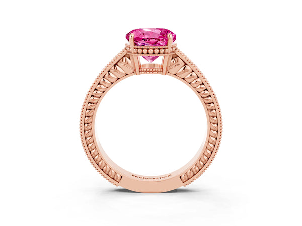 Rose gold Round Cut Pink Sapphire Ring with Milgrain Pavé Band and Four-Prong Setting
