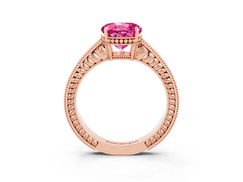 Rose gold Round Cut Pink Sapphire Ring with Milgrain Pavé Band and Four-Prong Setting_39