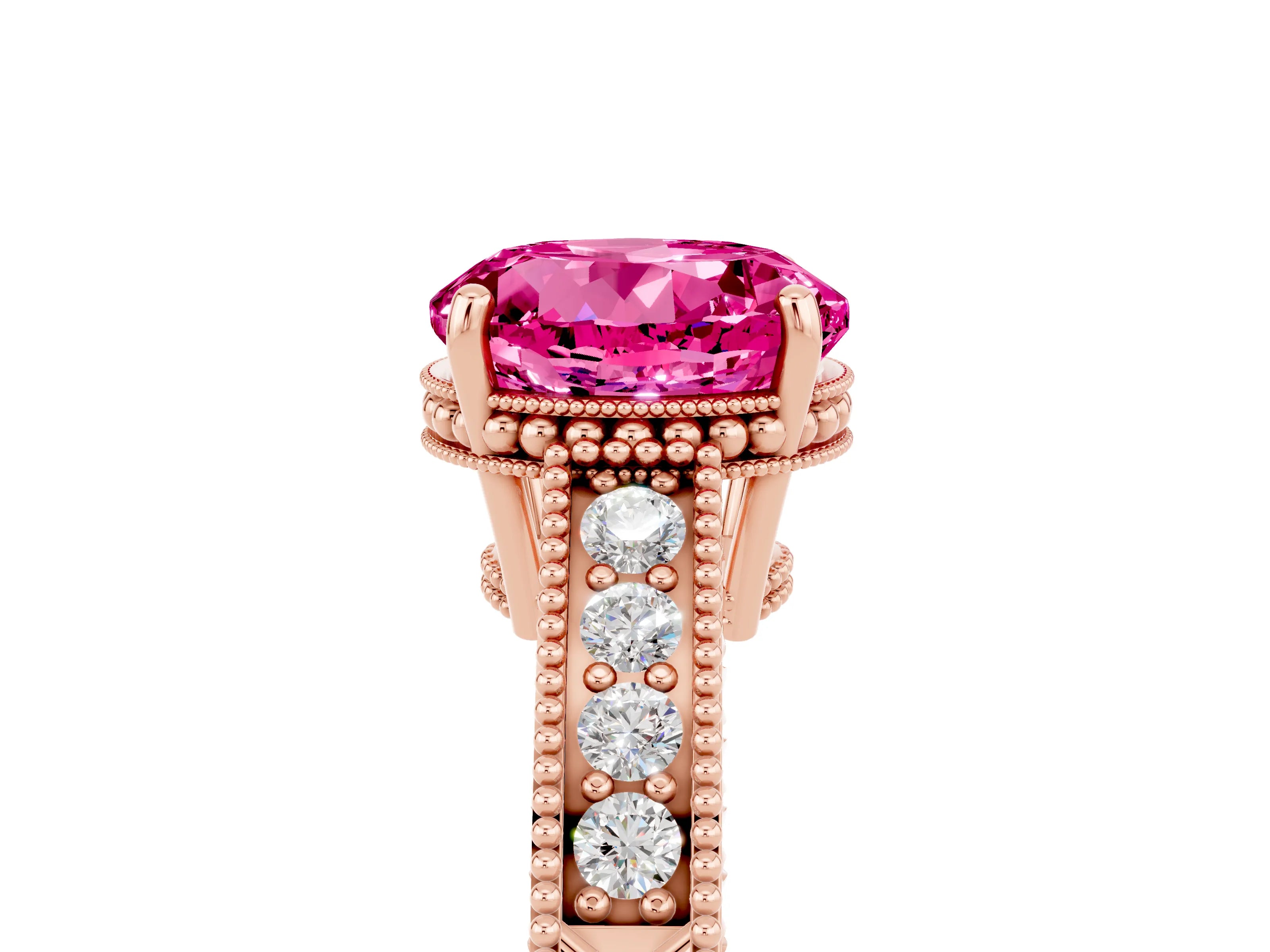 Rose gold Round Cut Pink Sapphire Ring with Milgrain Pavé Band and Four-Prong Setting_41