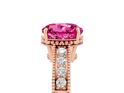 Rose gold Round Cut Pink Sapphire Ring with Milgrain Pavé Band and Four-Prong Setting_41