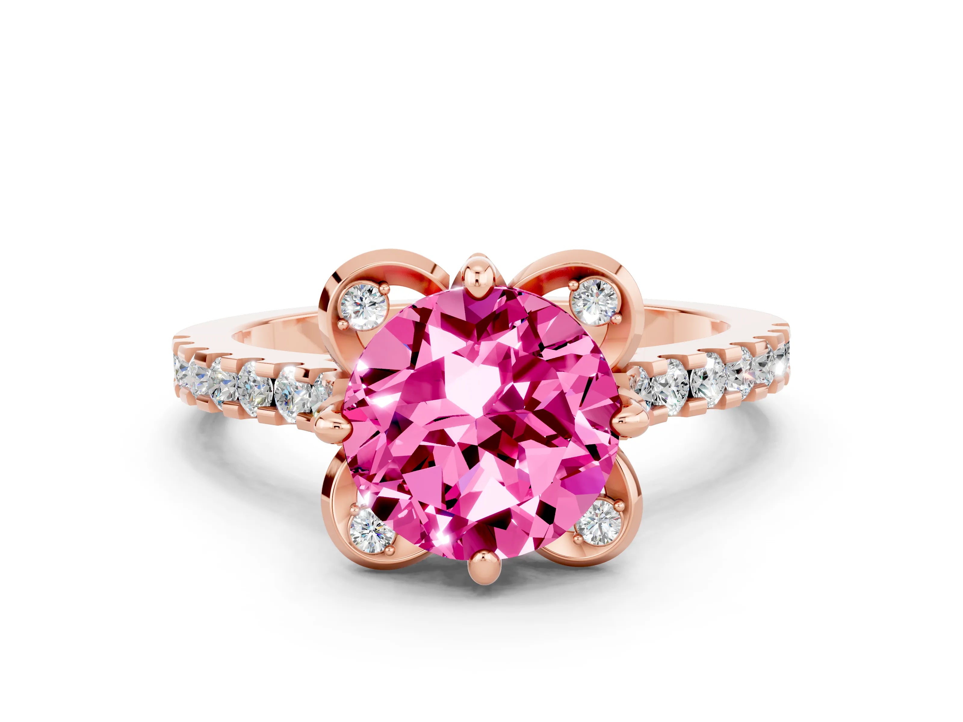 Rose gold Round Cut Pink Sapphire Ring with Pavé Band and Floral Prong Setting