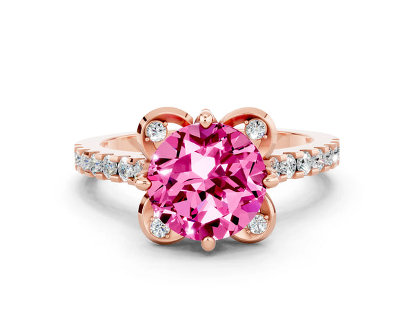 Rose gold Round Cut Pink Sapphire Ring with Pavé Band and Floral Prong Setting