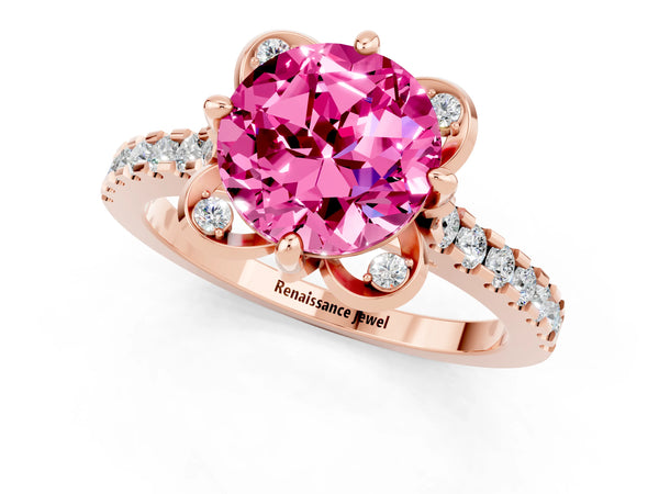 Rose gold Round Cut Pink Sapphire Ring with Pavé Band and Floral Prong Setting