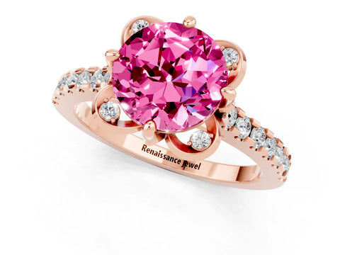 Rose gold Round Cut Pink Sapphire Ring with Pavé Band and Floral Prong Setting_1