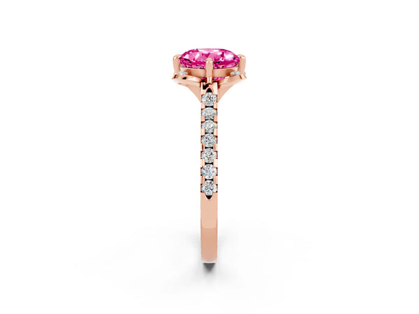 Rose gold Round Cut Pink Sapphire Ring with Pavé Band and Floral Prong Setting
