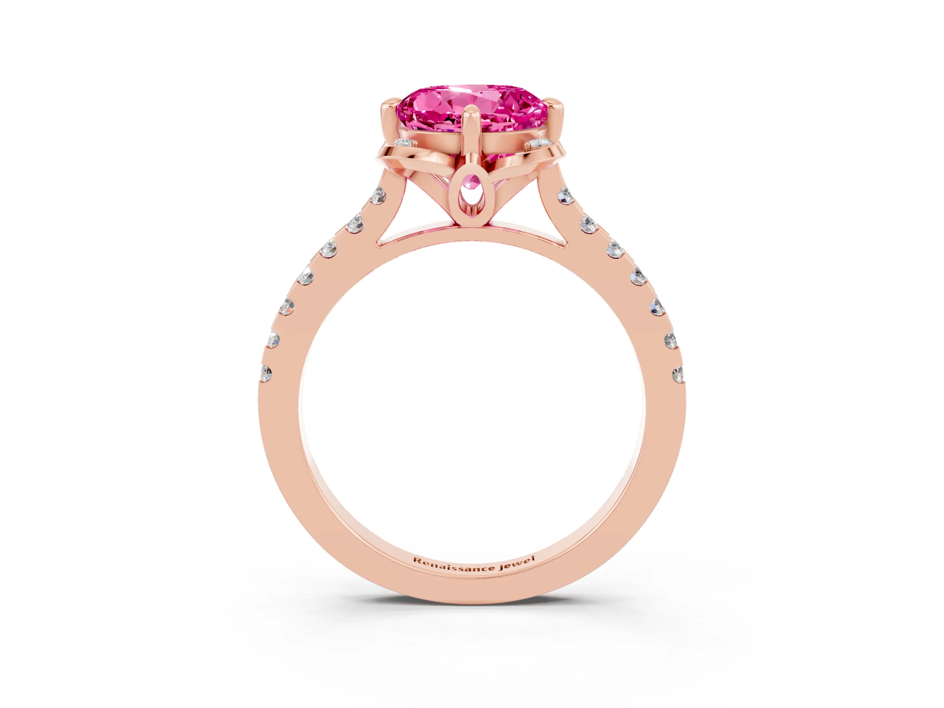 Rose gold Round Cut Pink Sapphire Ring with Pavé Band and Floral Prong Setting_3