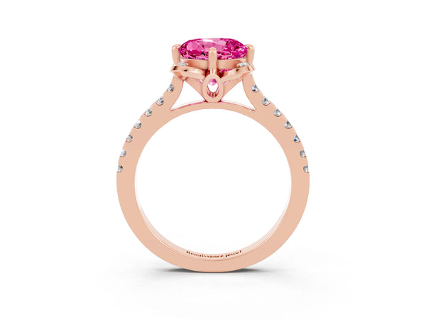Rose gold Round Cut Pink Sapphire Ring with Pavé Band and Floral Prong Setting