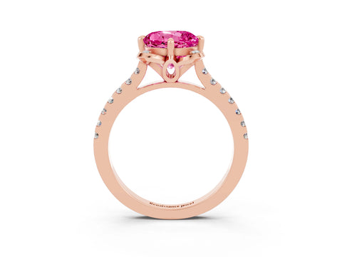 Rose gold Round Cut Pink Sapphire Ring with Pavé Band and Floral Prong Setting_3