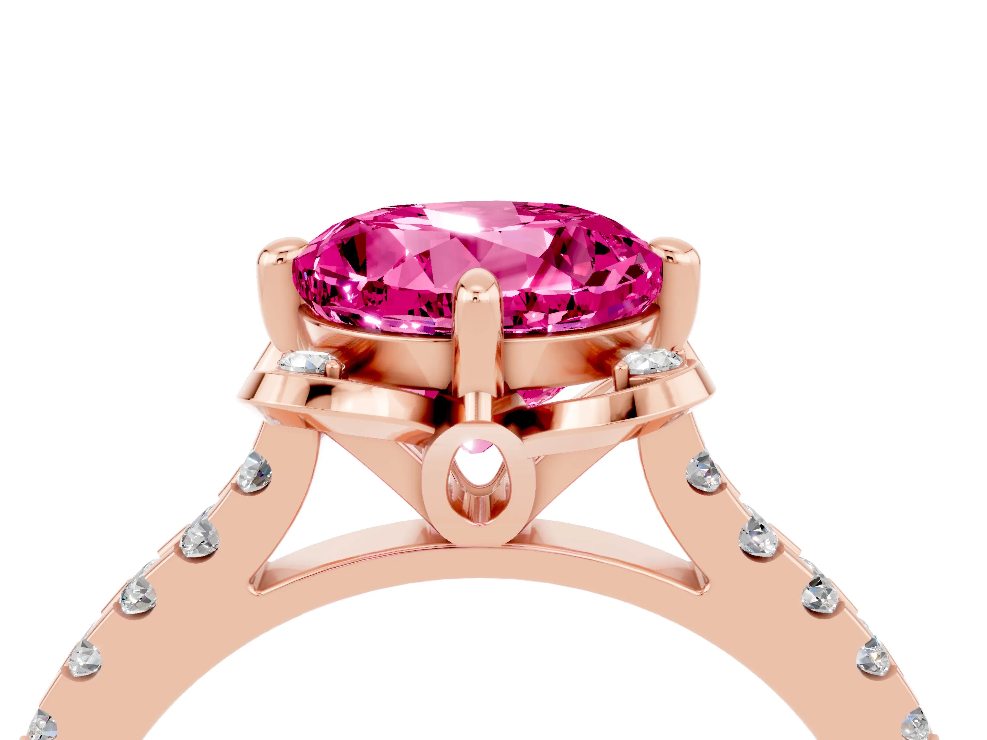 Rose gold Round Cut Pink Sapphire Ring with Pavé Band and Floral Prong Setting_4