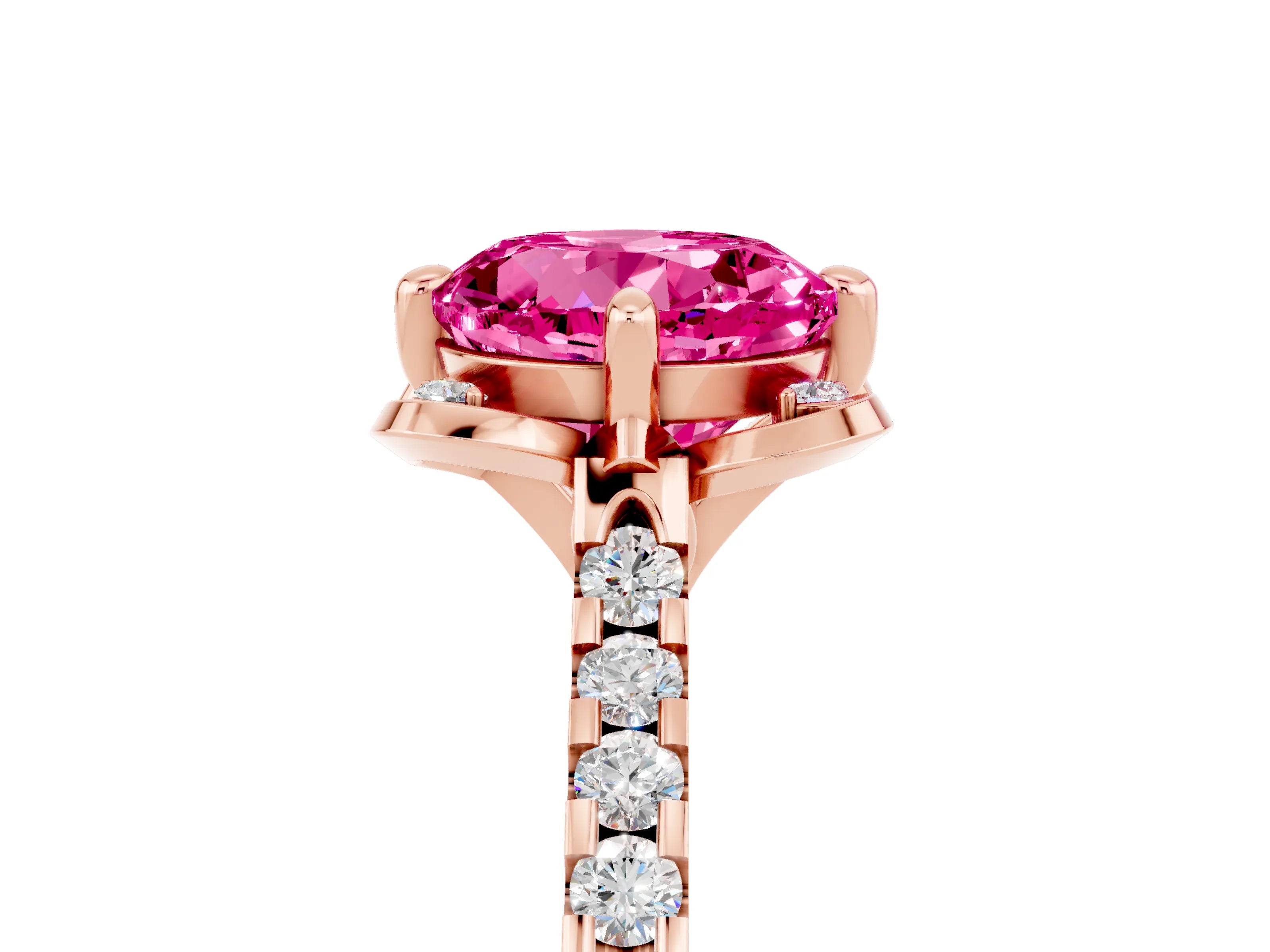 Rose gold Round Cut Pink Sapphire Ring with Pavé Band and Floral Prong Setting_5