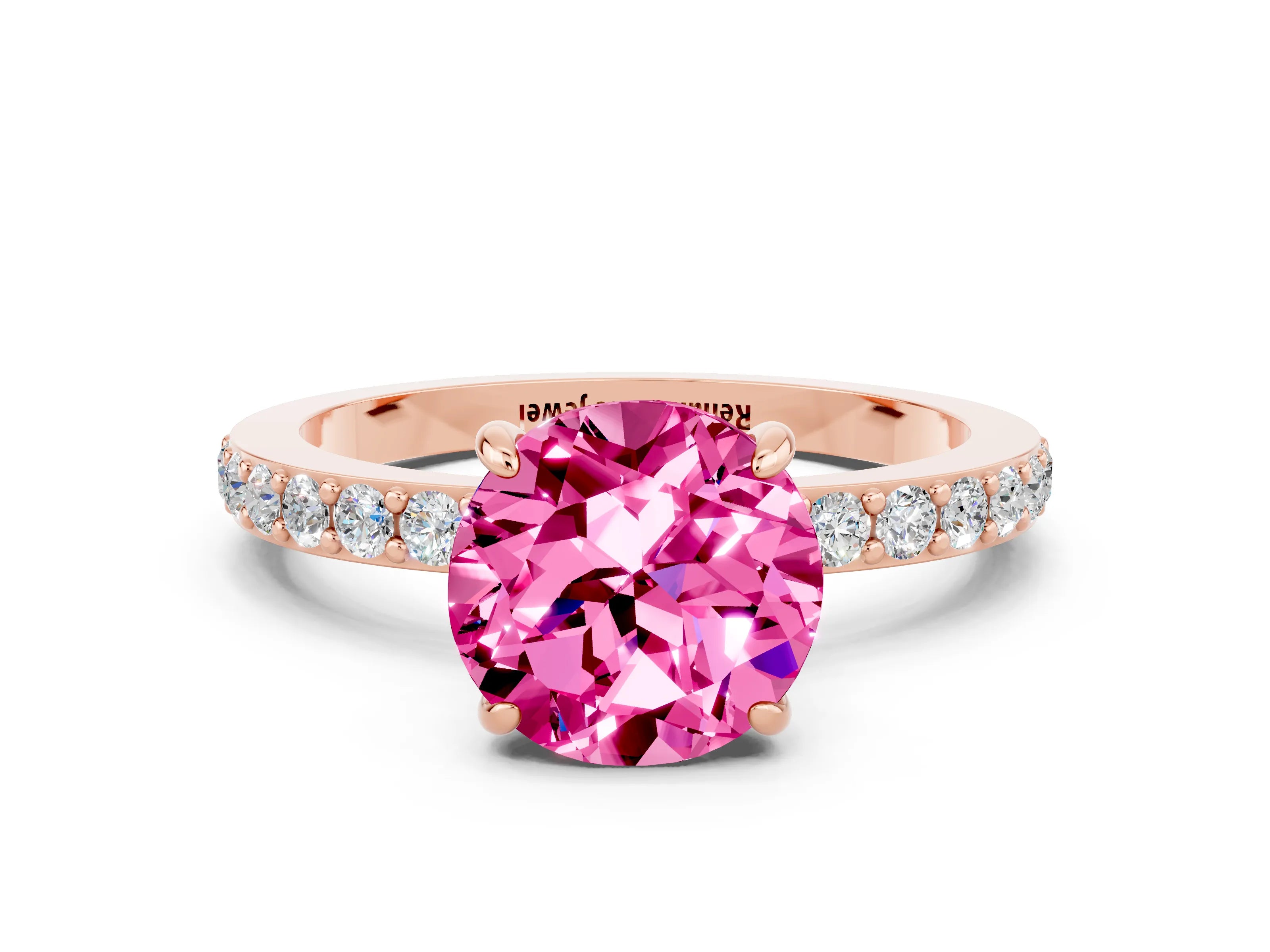 Rose gold Round Cut Pink Sapphire Ring with Pavé Band and Four-Prong Setting_24