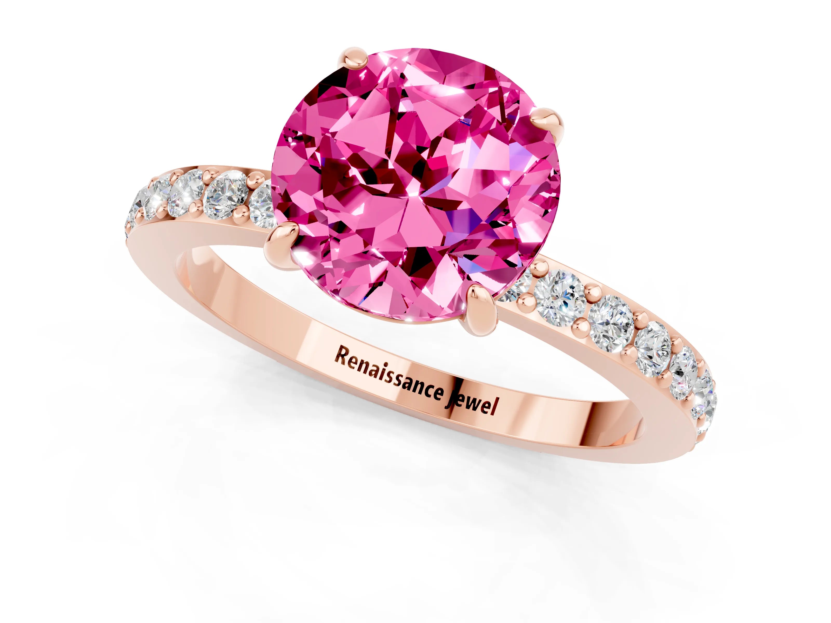 Rose gold Round Cut Pink Sapphire Ring with Pavé Band and Four-Prong Setting_25