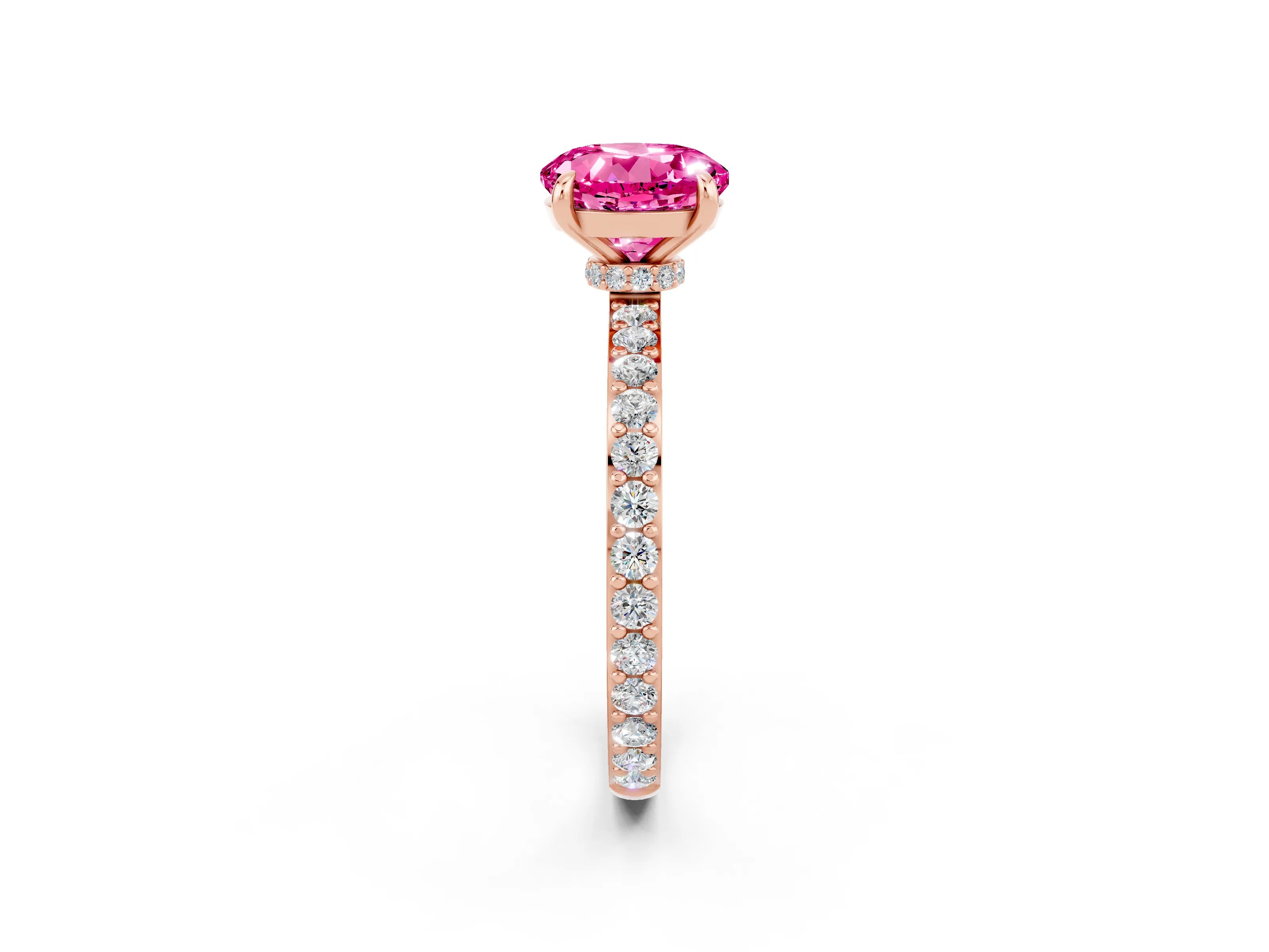 Rose gold Round Cut Pink Sapphire Ring with Pavé Band and Four-Prong Setting_26