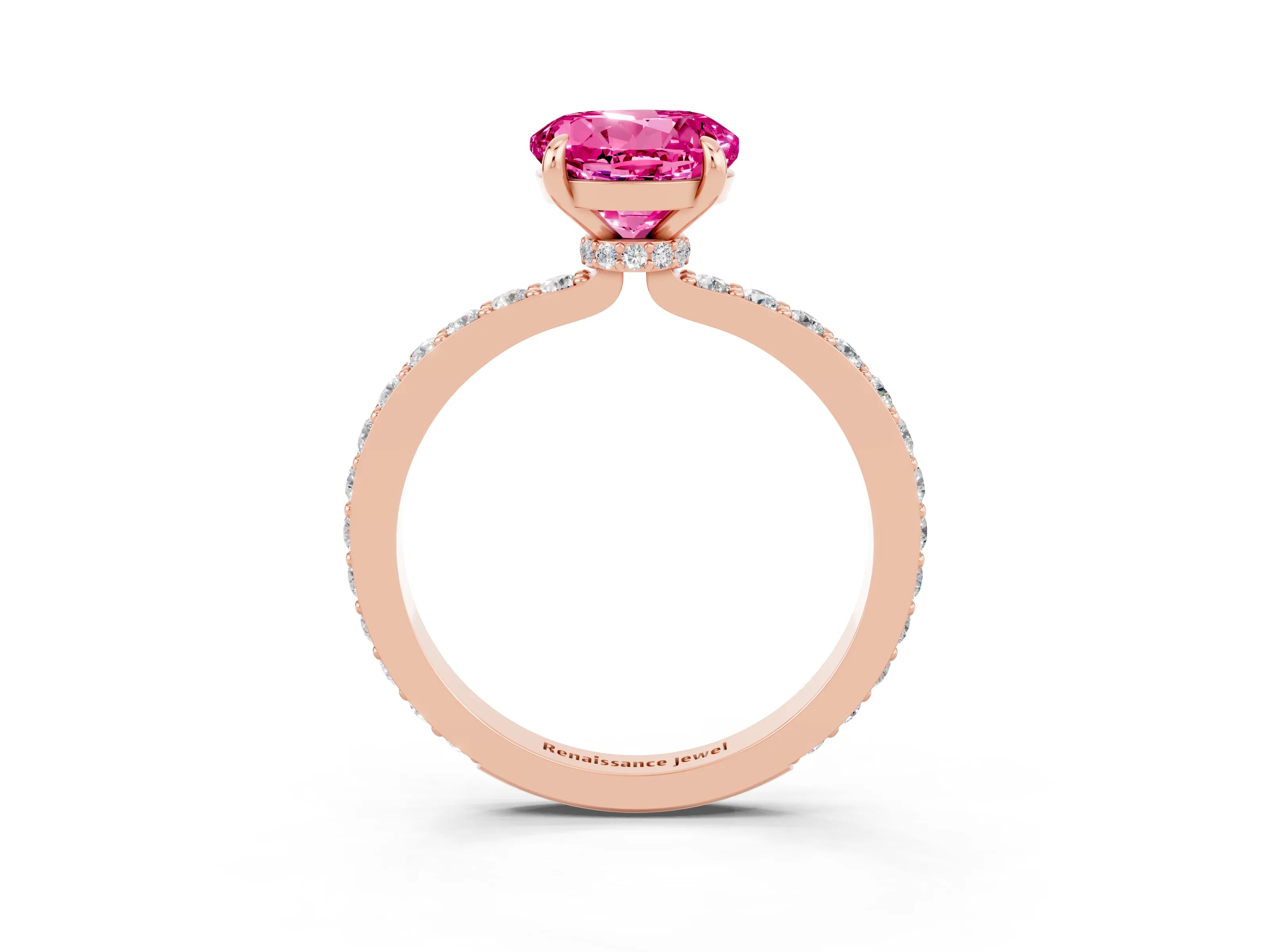 Rose gold Round Cut Pink Sapphire Ring with Pavé Band and Four-Prong Setting_27