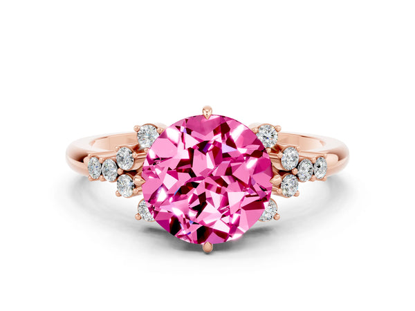 Rose gold Round Cut Pink Sapphire Ring with Side Stones and Four-Prong Setting