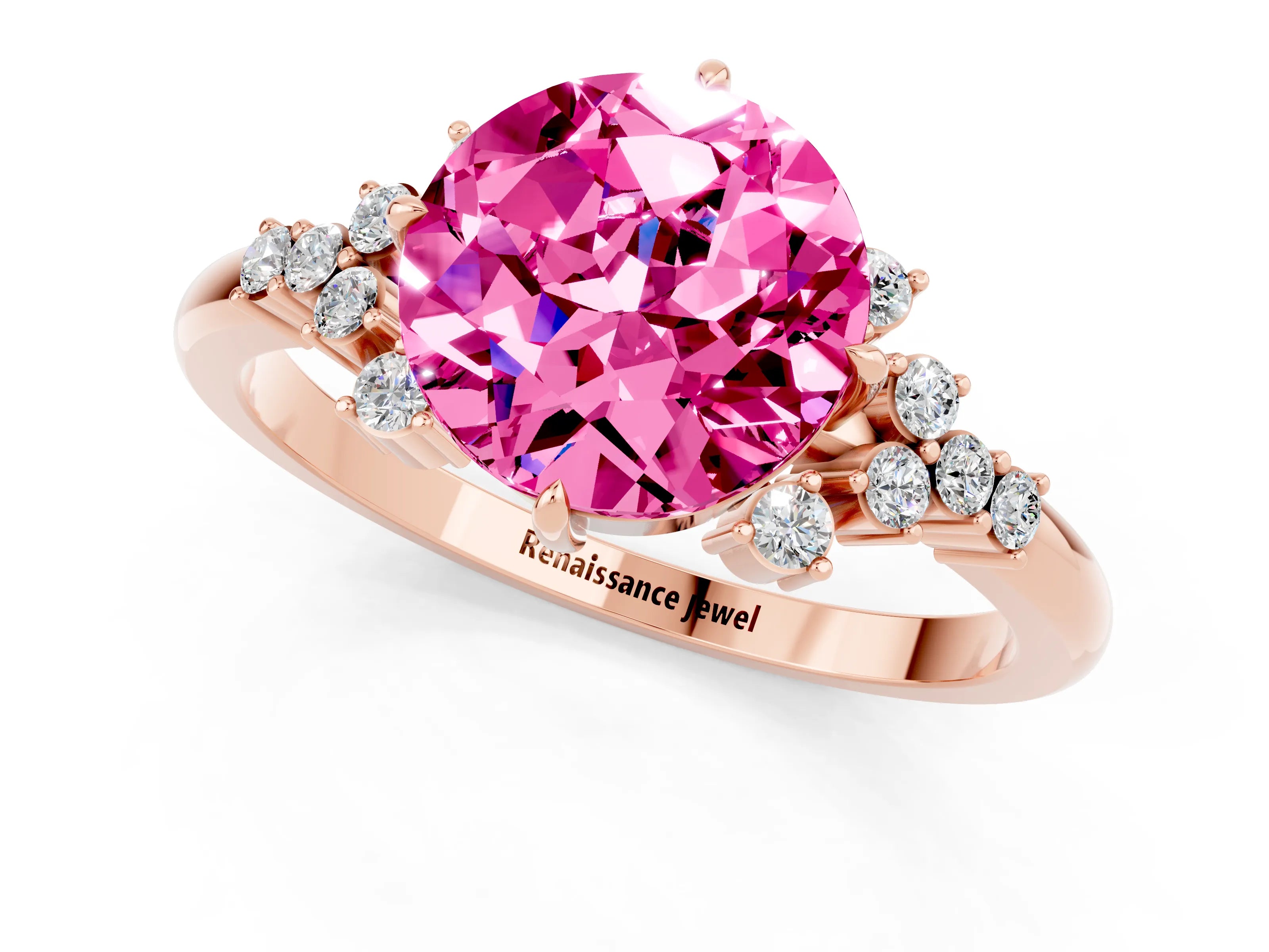 Rose gold Round Cut Pink Sapphire Ring with Side Stones and Four-Prong Setting_61