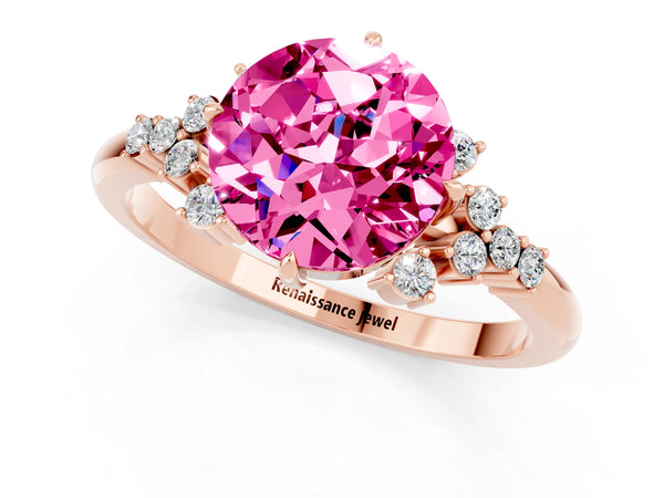 Rose gold Round Cut Pink Sapphire Ring with Side Stones and Four-Prong Setting