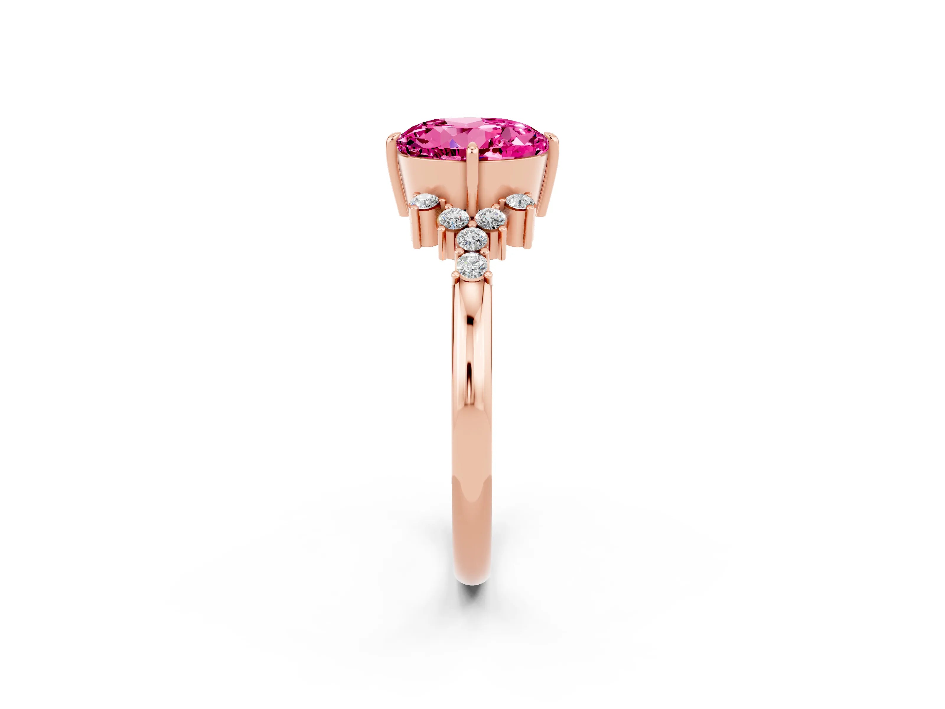 Rose gold Round Cut Pink Sapphire Ring with Side Stones and Four-Prong Setting_62