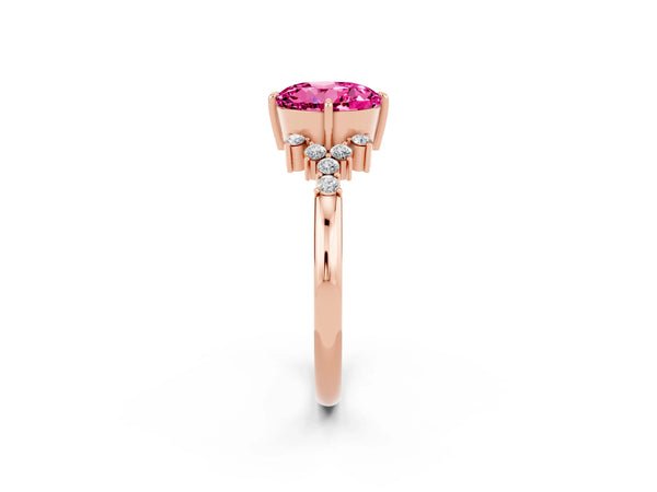 Rose gold Round Cut Pink Sapphire Ring with Side Stones and Four-Prong Setting