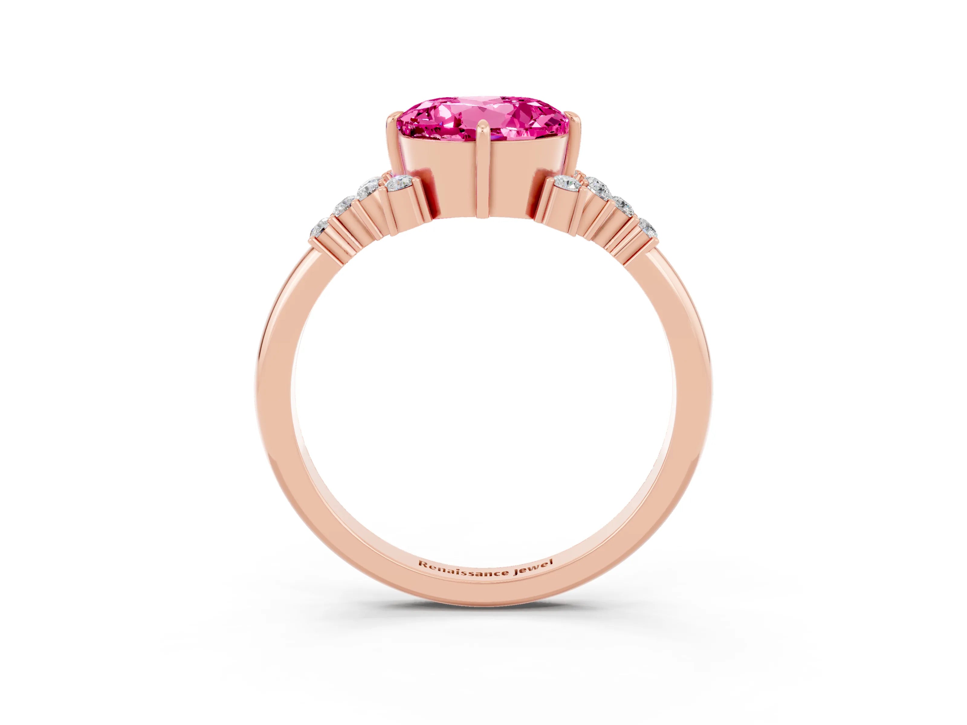 Rose gold Round Cut Pink Sapphire Ring with Side Stones and Four-Prong Setting_63