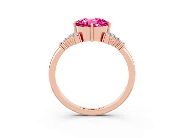 Rose gold Round Cut Pink Sapphire Ring with Side Stones and Four-Prong Setting