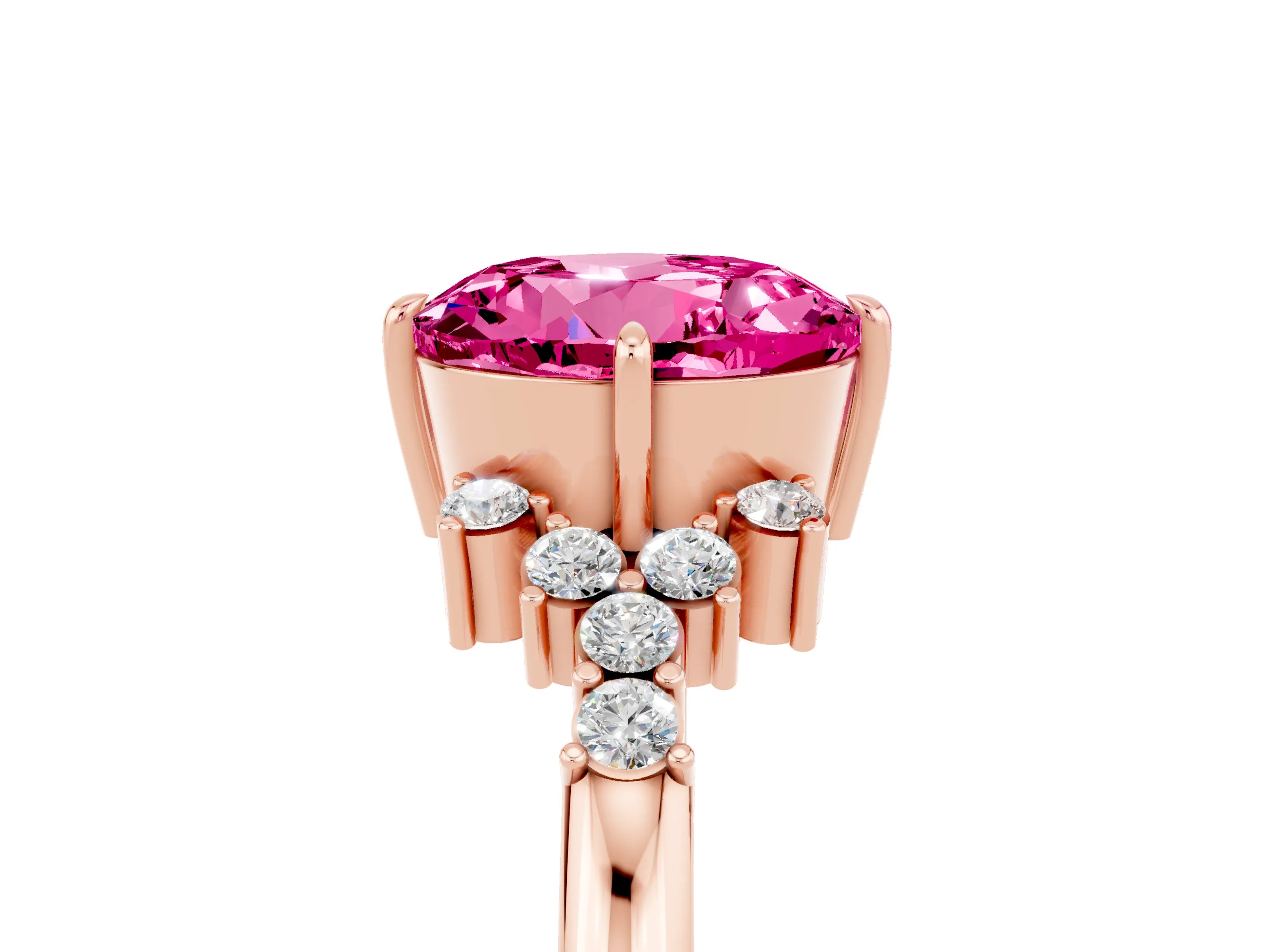 Rose gold Round Cut Pink Sapphire Ring with Side Stones and Four-Prong Setting_65