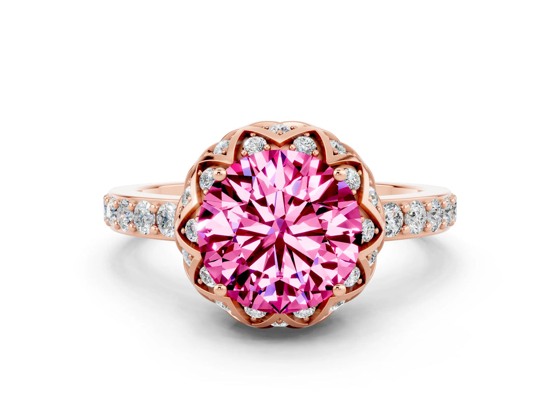 Rose gold Round Cut Pink Sapphire Scalloped Halo Engagement Ring with Round Shared Prong Band_24