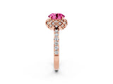 Rose gold Round Cut Pink Sapphire Scalloped Halo Engagement Ring with Round Shared Prong Band_26