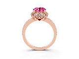 Rose gold Round Cut Pink Sapphire Scalloped Halo Engagement Ring with Round Shared Prong Band_27